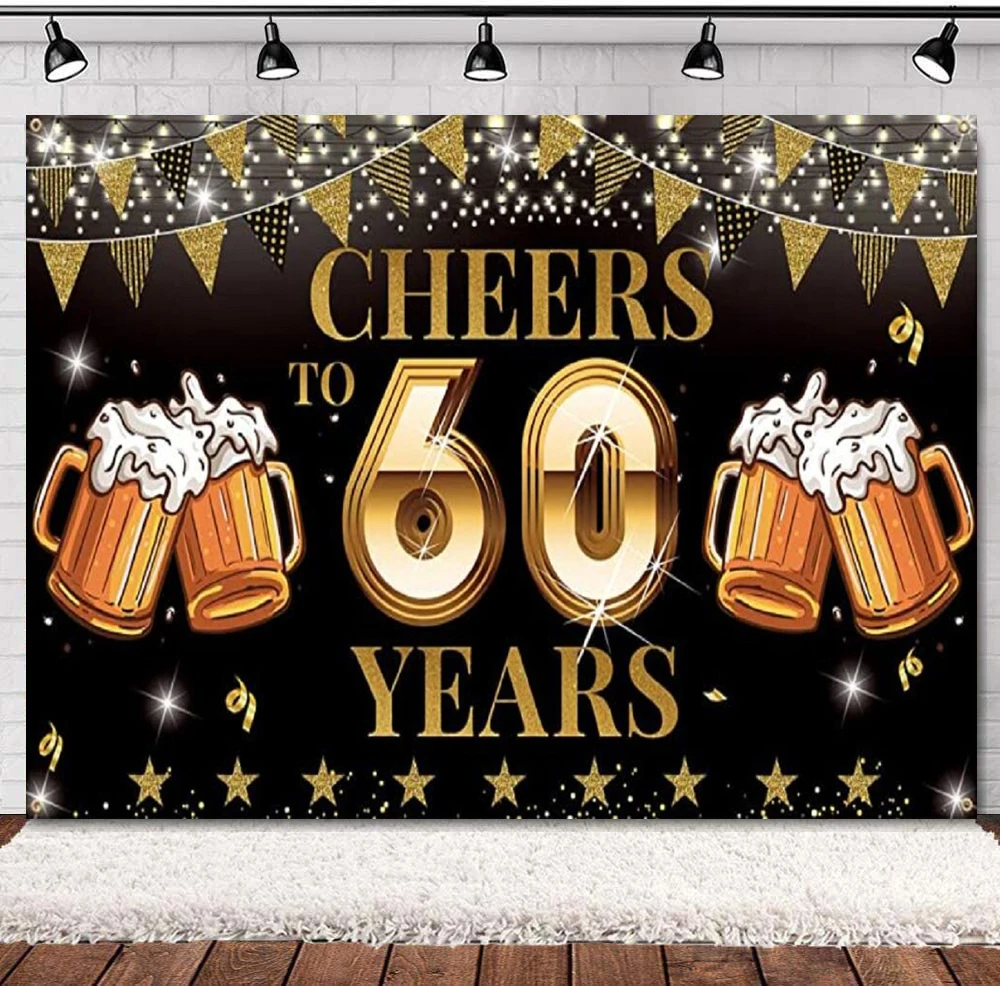 

Photography Backdrop Banner Cheers To 60 Years Beer Decor for Men Women 60th Anniversary Party Black Gold Background Party