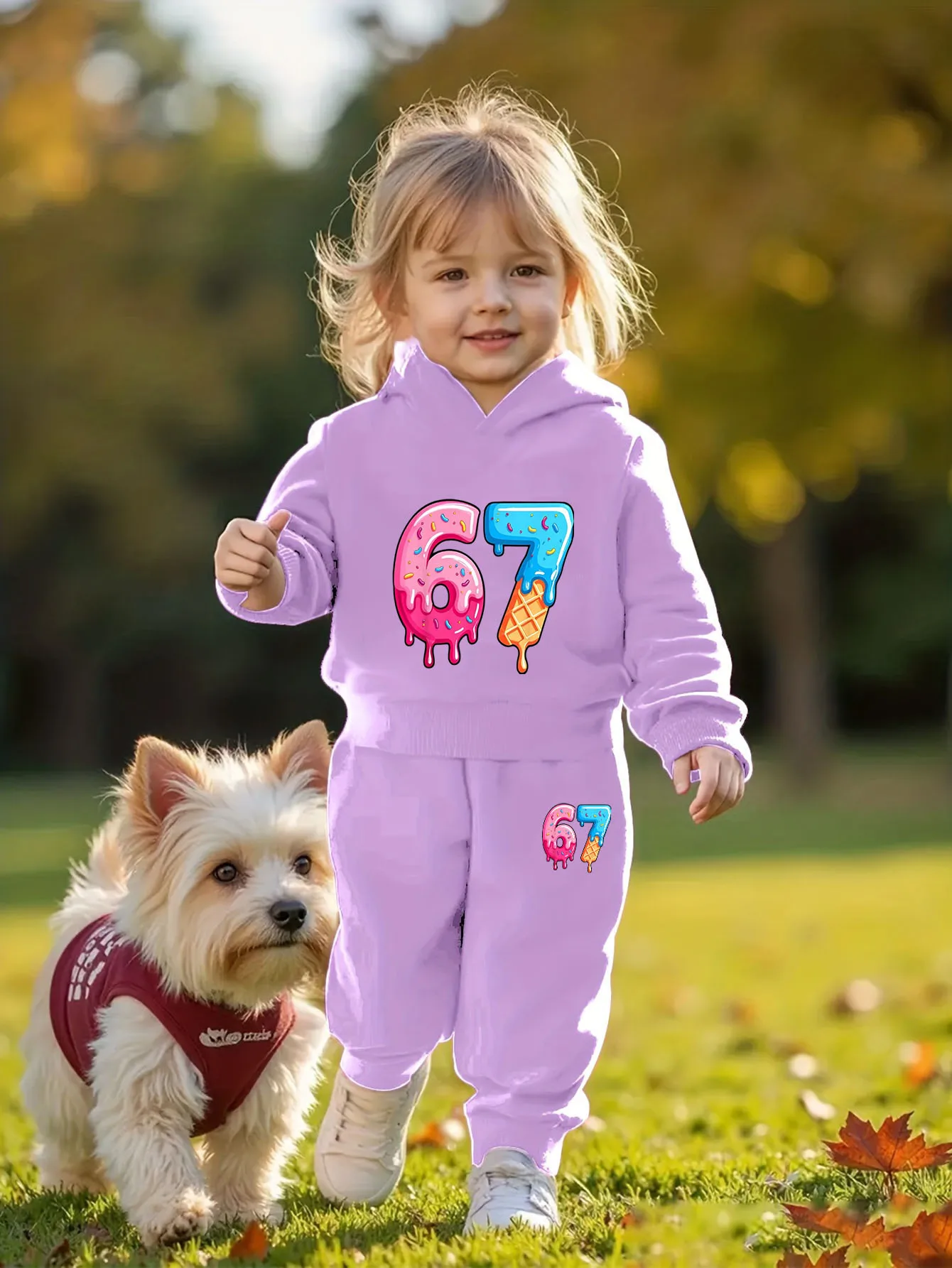 Infant Toddler Autumn Winter Hoodie Tracksuit Set, Fun Donut Ice Cream Number 67 Print, Cute Casual Sporty Two-Piece Outfit