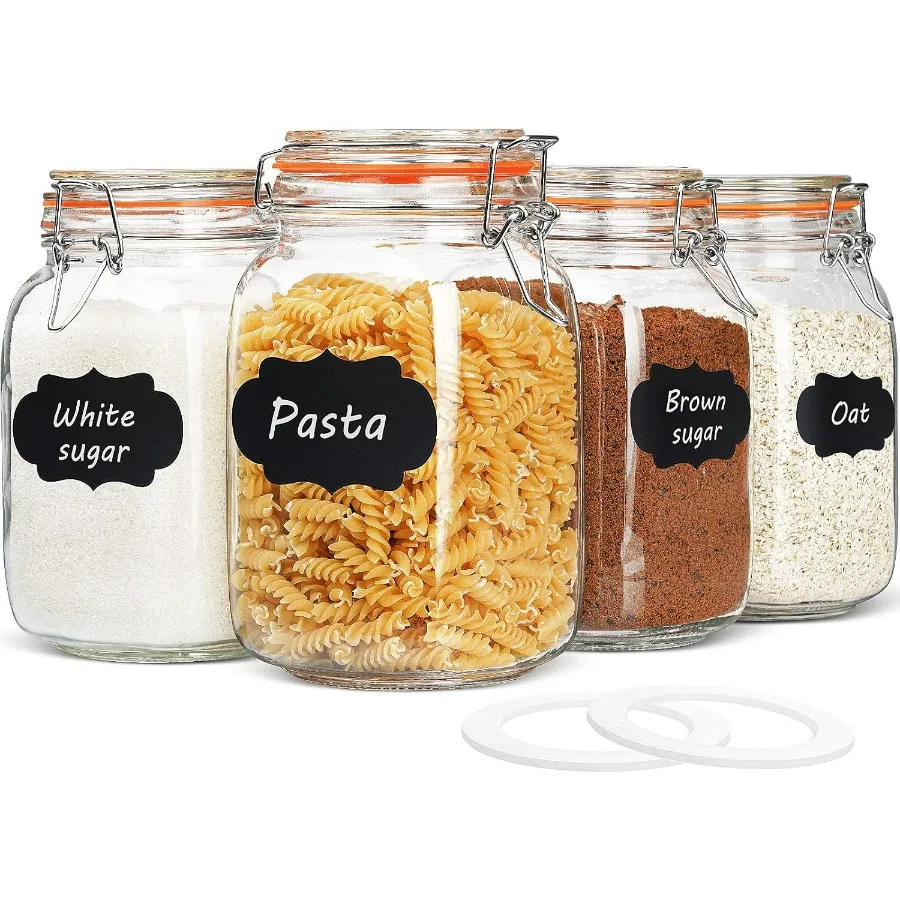 

50 oz Airtight Wide Mouth Square Glass Jars with Clip Top Lids for Kitchen Storage Includes Chalkboard Labels and Replacement S
