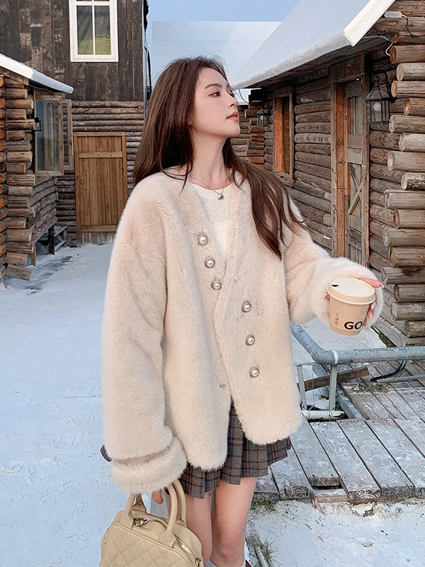 

Утепленная женская куртка из искусственного меха под овчину, повседневное свободное пальто с длинными рукавами, V-образным вырезом и застежкой на пуговицах для ежедневной носки