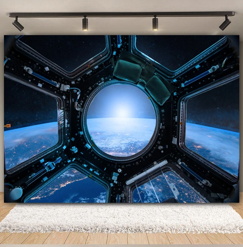 Spaceship Interior Backdrop Universe Space Spacecraft Window Planet Earth Exploration Science Photography Background Photo Props