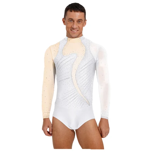 Imagen 2 del producto Gimnasia para hombre, patinaje artístico, Ballet, danza latina, traje de actuación, diamantes de imitación brillantes, leotardos de baile, mono, camisas