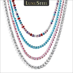 LUXUSTEEL Colorful Full of Rhinestones Stainless Steel Necklace for Women Men Iced Out Tennis Chain Crystal Choker HipHop Jewelr