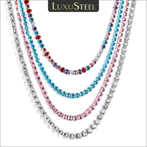 LUXUSTEEL 여성을위한 라인 석 스테인레스 스틸 목걸이로 가득 찬 다채로운 남성 아이스 아웃 테니스 체인 크리스탈 초커 힙합 보석상
