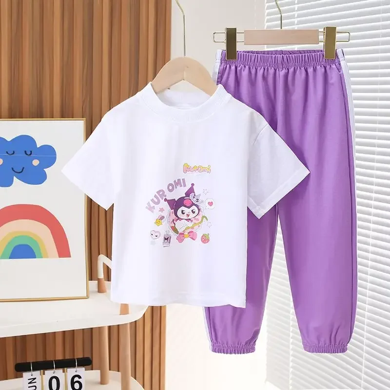 Sanrio Kuromi Kids T-Shirt Cute Cotton 2Pcs Cartoon Summer Cool Homewear Set Anime Round Neck Kawaii Soft Ventilate Short Sleeve