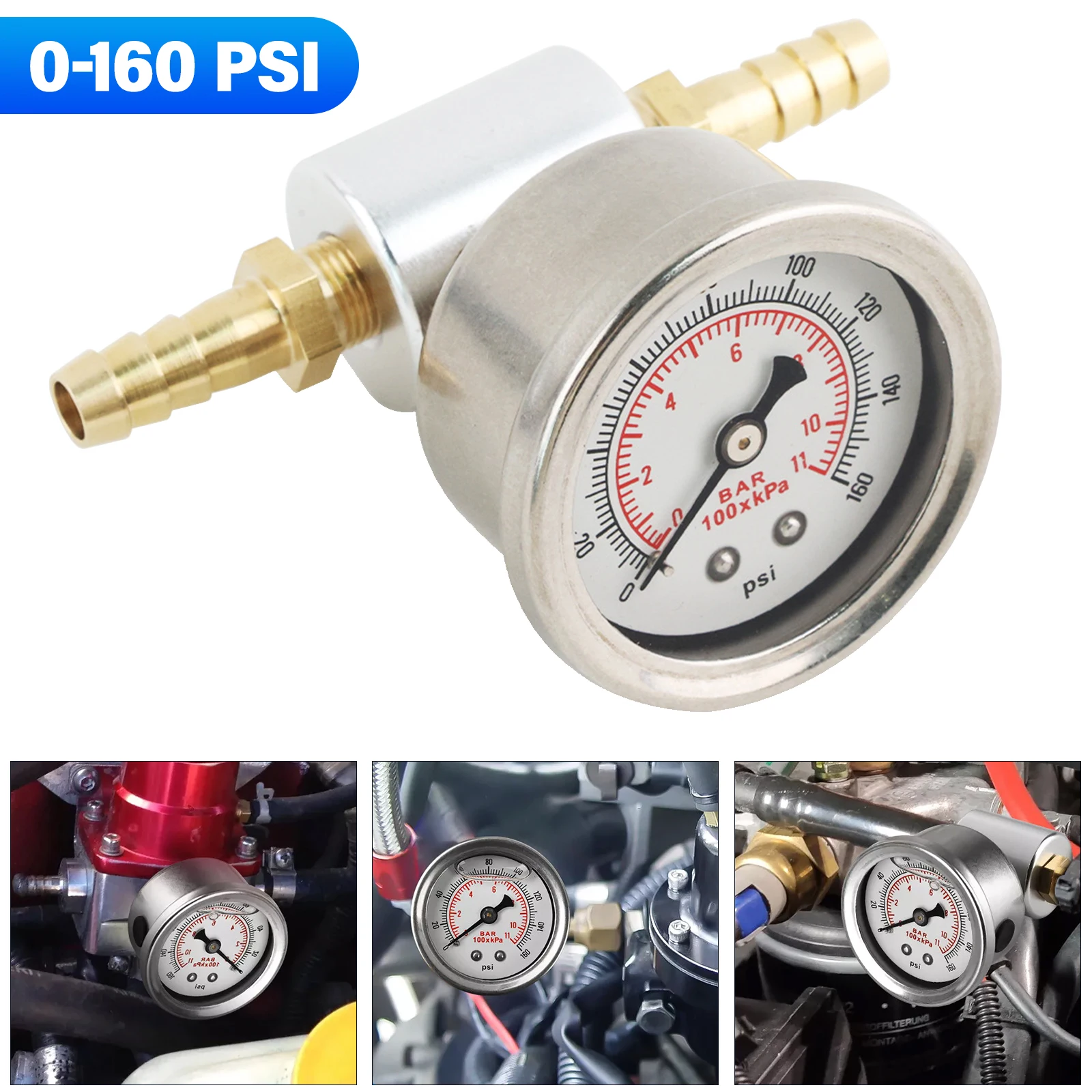 1/8 NPT Fuel Pressure Gauge Kit 0-160 PSI 11Bar Liquid Filled Shockproof with Fuel Line Tee Adapter 6AN Fittings Universal