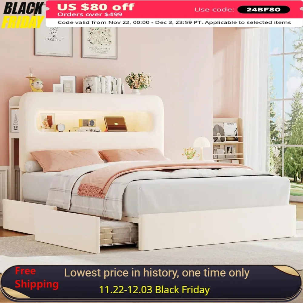 LED Queen Bed Frame with Storage Headboard & Charging Station，4 Drawers and USB Ports，No Box Spring Needed，Velvet Bed Frame