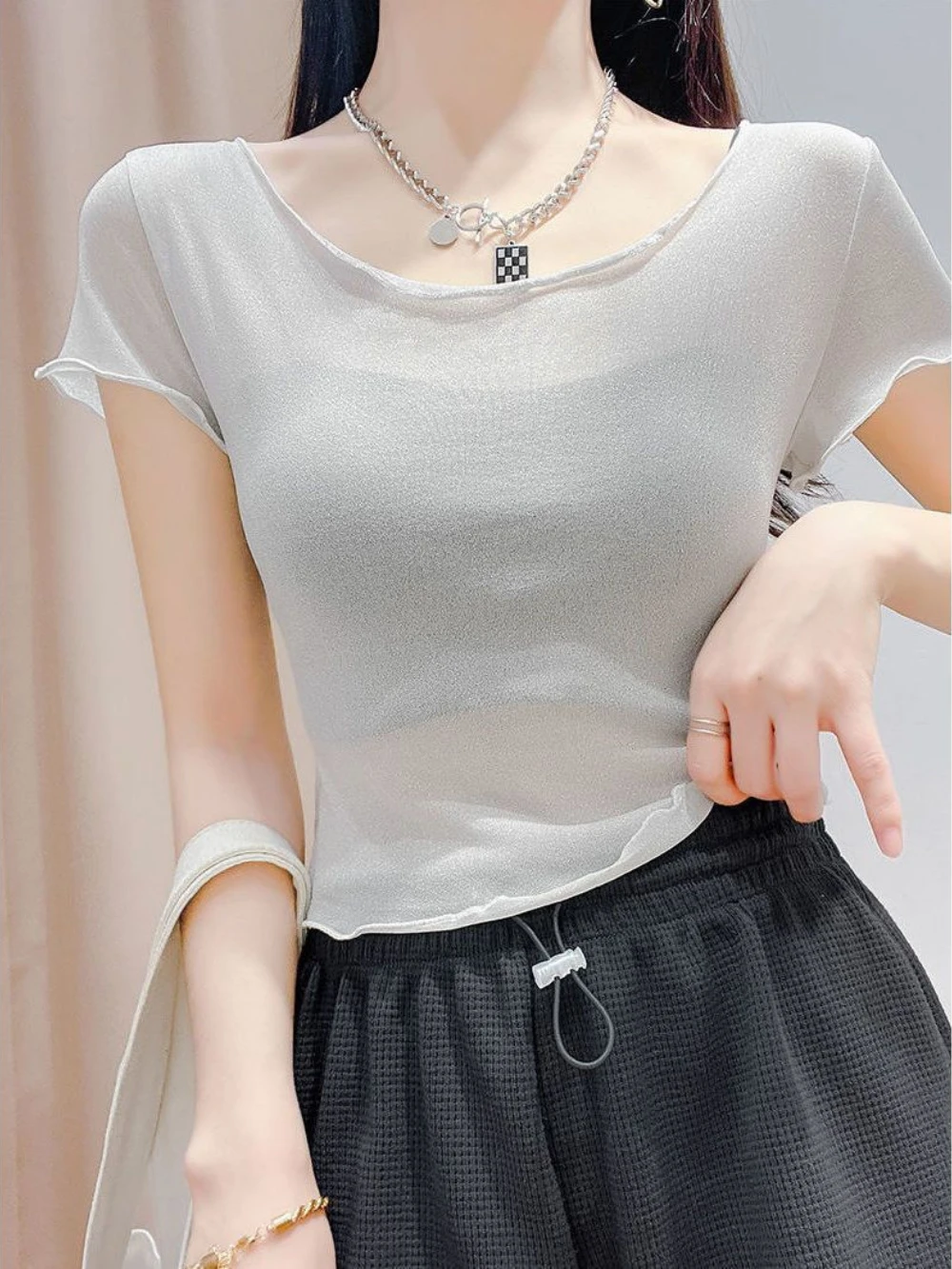 أزياء كوريا 90s عادي الصيف الزي ضئيلة شبكة المرأة تي شيرتات قصيرة الاكمام الكورية مراجعات العديد من الملابس بيع أنيقة أعلى الإناث
