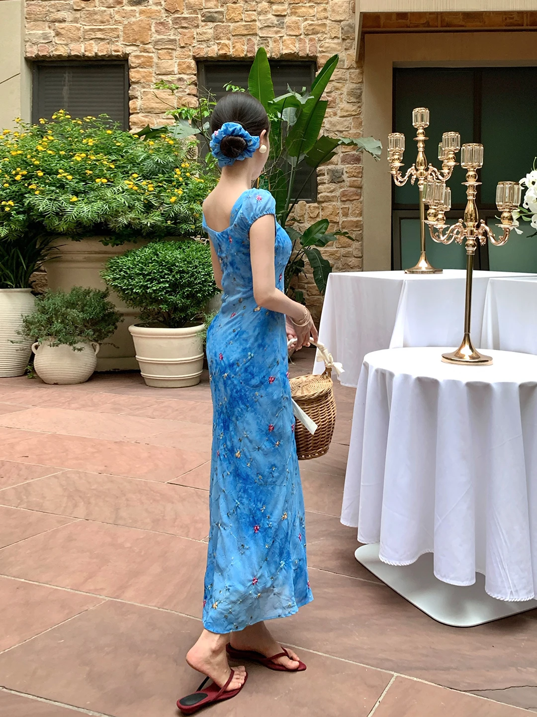 Ele Blauw Geborduurde Lange Taille-Cinching Square-Ne Dr Dames High-End Afslankende Bloemen Wrap Around Rok Dr