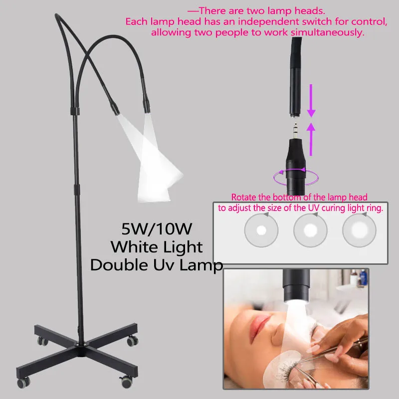 Lámpara UV LED de doble luz blanca para pestañas 5W/10W, lámpara UV de pie blanca y morada, luz LED UV 1S con pedal.