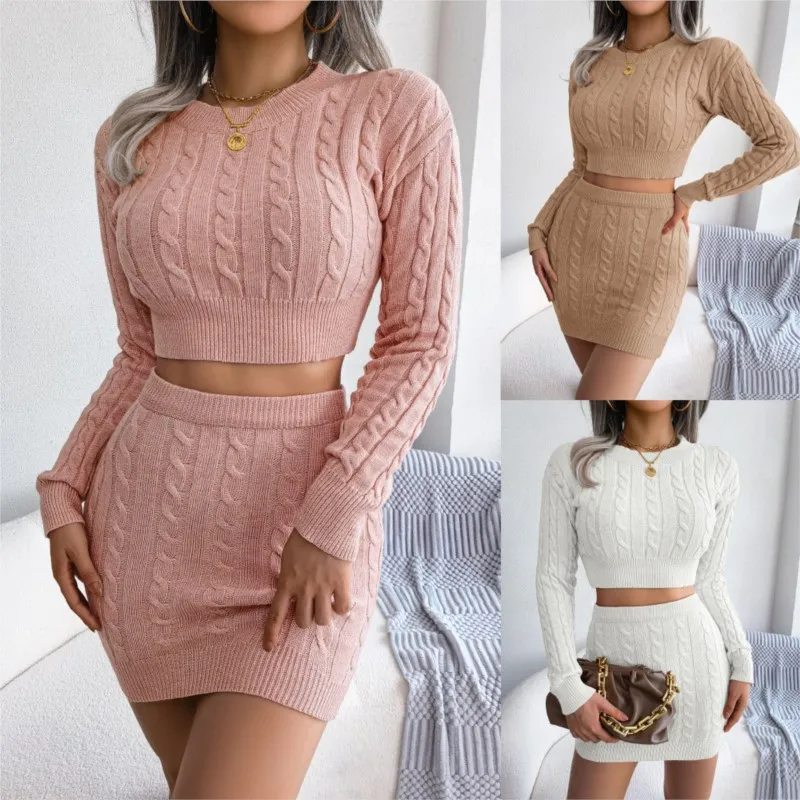 Autumn And Winter Fried Dough Twists Navel Revealing Sweater Buttock Knitting Skirt Women\'s Long Sleeved Top Slim Suit Skirt2024