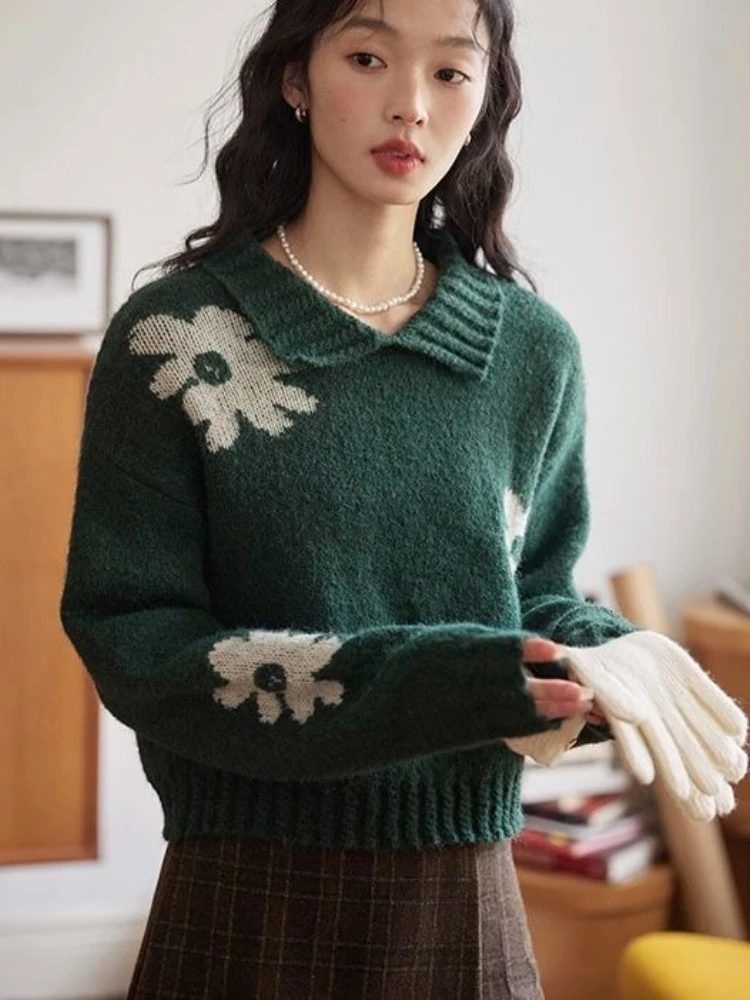 

Женские пуловеры с лацканами и цветами в японском стиле, корейская мода, молодежная повседневная одежда с длинными рукавами для работы, теплый женский вязаный свитер