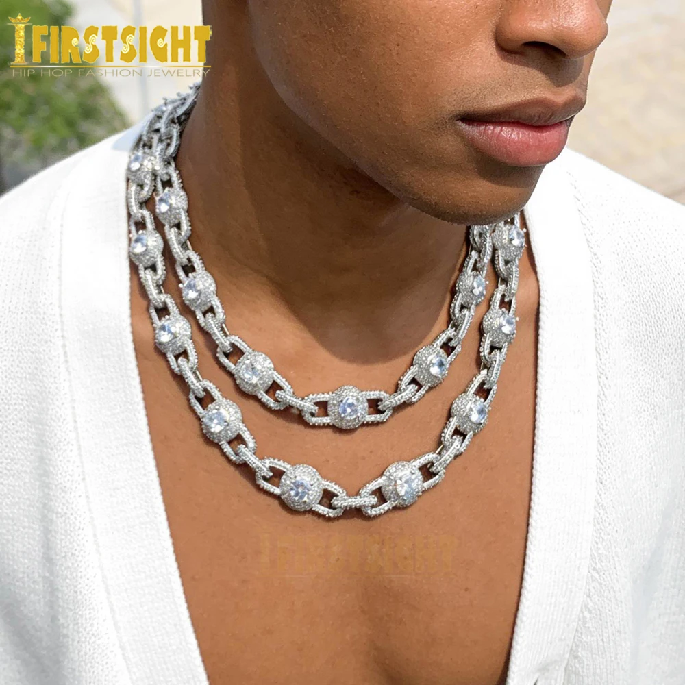 Iced Out Round Eye With Bead Locked Link Chain Necklace Micro Paved Cubic Zirconia Cuban Chain Men Women Hip Hop Jewelry