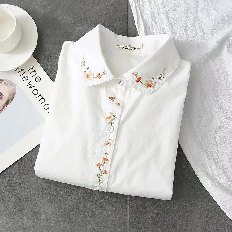 New Cotton White Shirts Women Turn Down Collar Embroidered Long Sleeve Button Casual Tops Girl\'s Loose Blouse Fall T37513JM