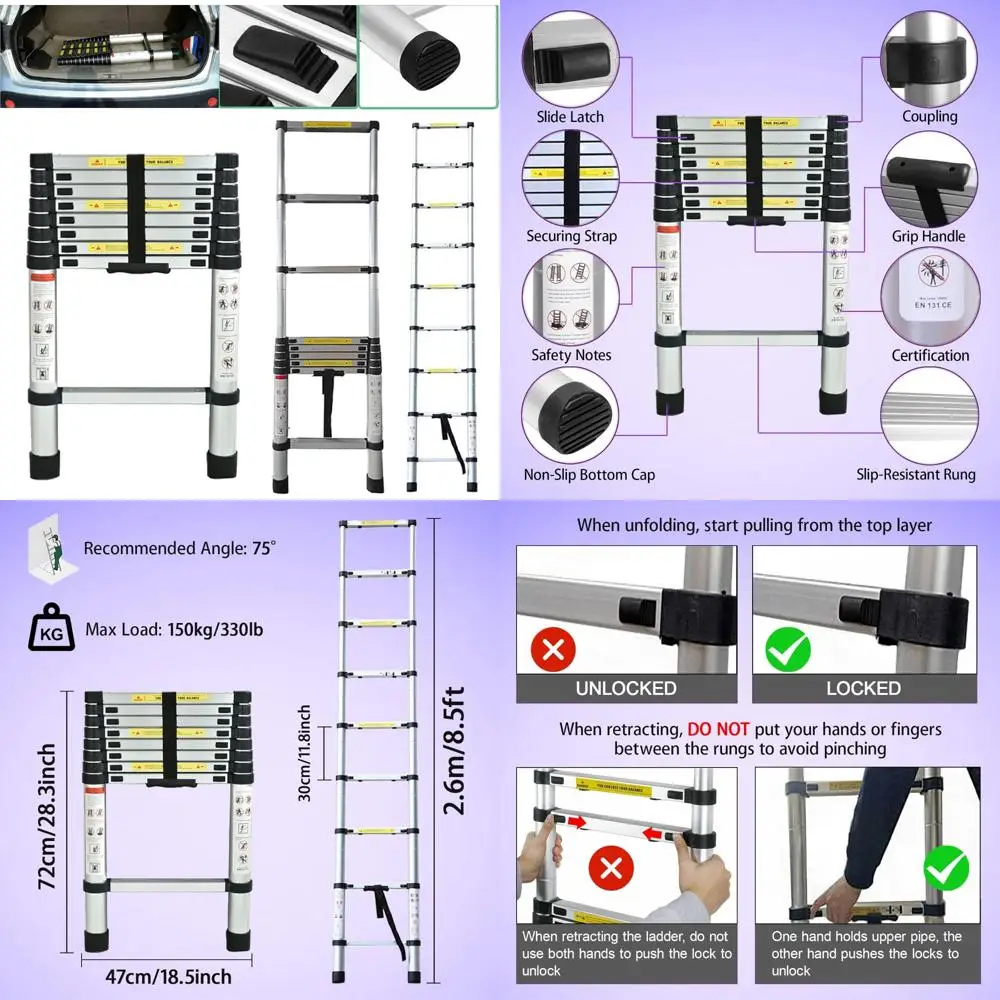 Collapsible Aluminum Extension Ladder - Lightweight Telescoping Ladder for RV, Attic, and Home Use with Securing Straps