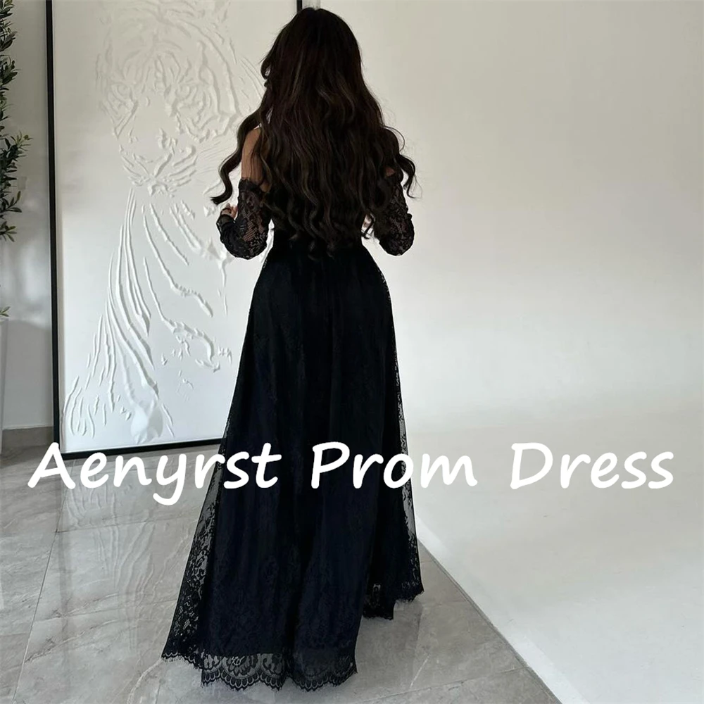 Aenyrst Black Sweetheart Lace Saudi Evening Dresses A Line Long Sleeves Prom Gowns Floor Length Dinner Party Dress customized