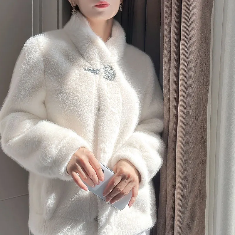 RONGNI Fur Coat 2023 Winter Lady Jacket Imitation Mink Fur Stand Collar Short Casual Women Clothing Top