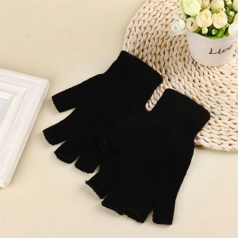 1pair Fingerless Gloves For Women Men Solid Color Half Finger Mittens Winter Warm Soft Short Gloves Thick Knitted Mittens