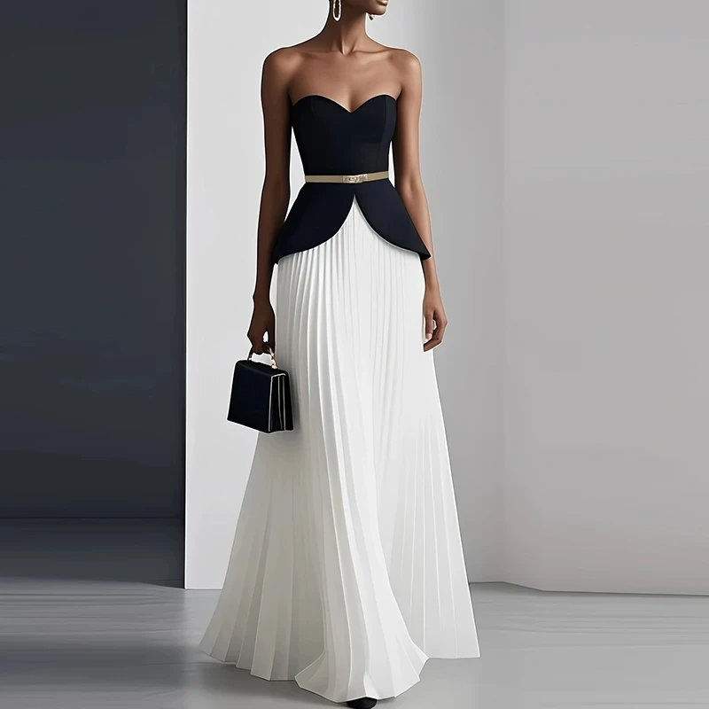 Light Luxury High Waist Irregular Dress Sexy Color Blocking Off Shoulder Party Evening Dress Elegant Strapless Backless Dress