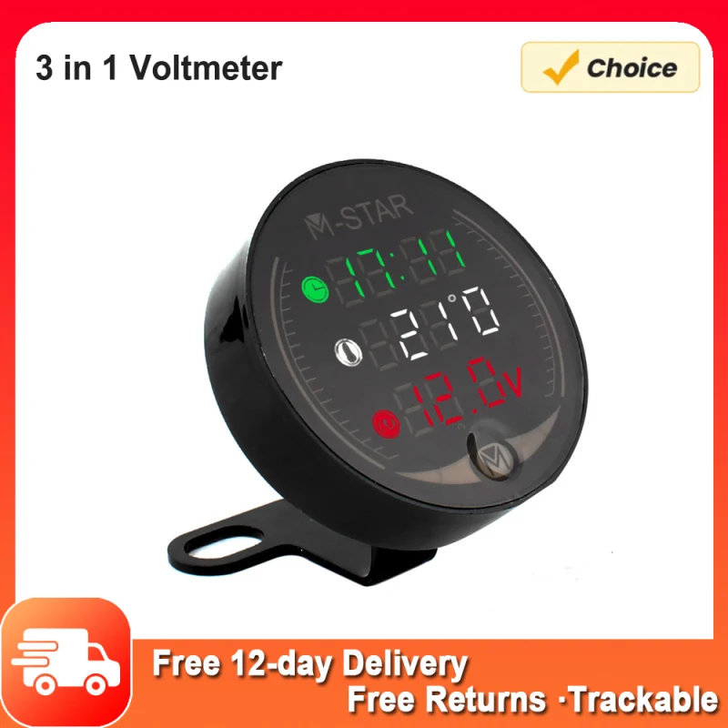 4 In 1 Motorcycle ATV Voltmeter+Electronic Clock+Thermometer+Stopwatch Digital LED Temperature Voltage Tester 3 in 1 Voltmeter