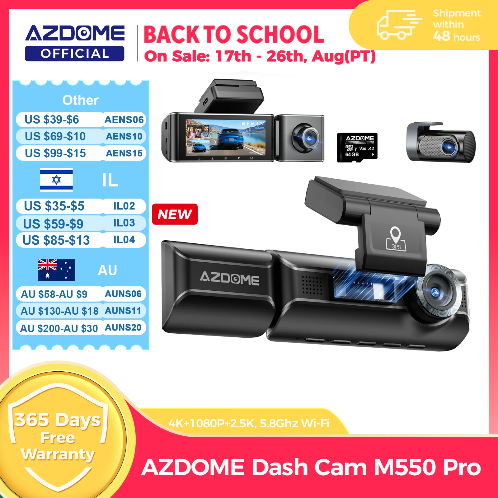 New AZDOME 4K M550 Pro Dash Cam Front Rear Interior 3 in 1 Car Camera 24H Parking Monitor Supercapacitor 5G WIFI GPS ADASCar DVR