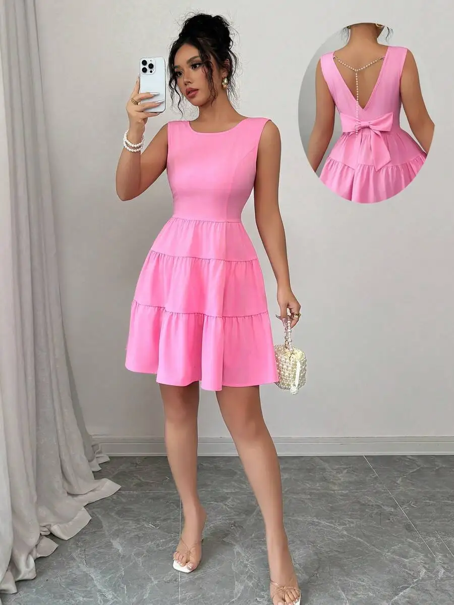 

Pink Sleeveless Round Neck Tiered Skirt Backless Bowknot Dress