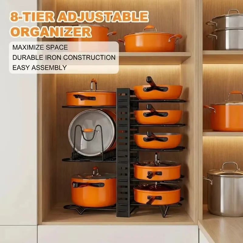 8 Tier Pot Rack Organizer Iron Adjustable Pots Pans Lid Holder Stand for Kitchen Countertop Cabinet Cookware Storage Shelf Racks view 2
