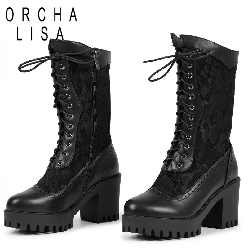ORCHA LISA Botines Negros de Media Pantorrilla para Mujer, Punta Redonda, Tacón Grueso de 8 cm, Cierre de Cremallera y Cordones, Plataforma de 3 cm, Tallas Pequeñas y Grandes 33 42 43