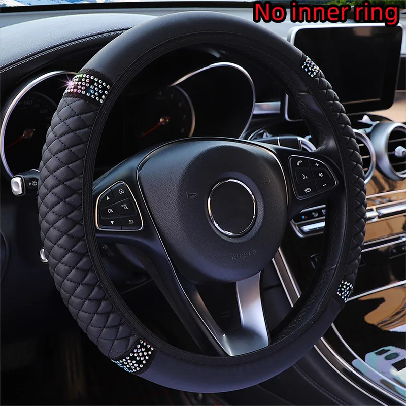 Car steering wheel cover without inner ring PU leather embroidery three-dimensional color diamond inlay suitable for 14.5-15in