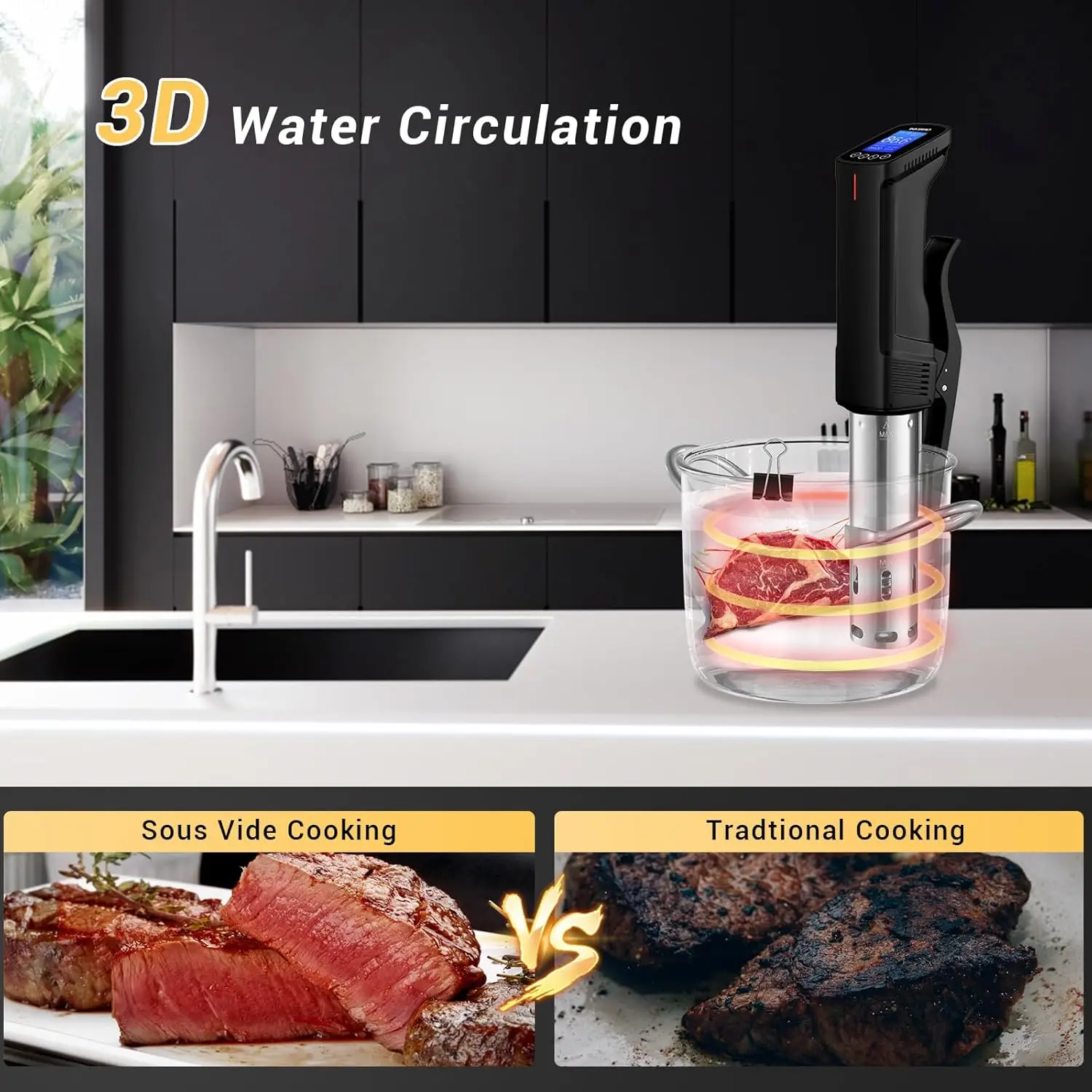 WIFI Sous Vide Machine ISV-100W، جهاز توزيع طباخ Sous-Vide بقدرة 1000 واط مع 14 وصفة محددة مسبقًا على التطبيق ووظيفة المعايرة