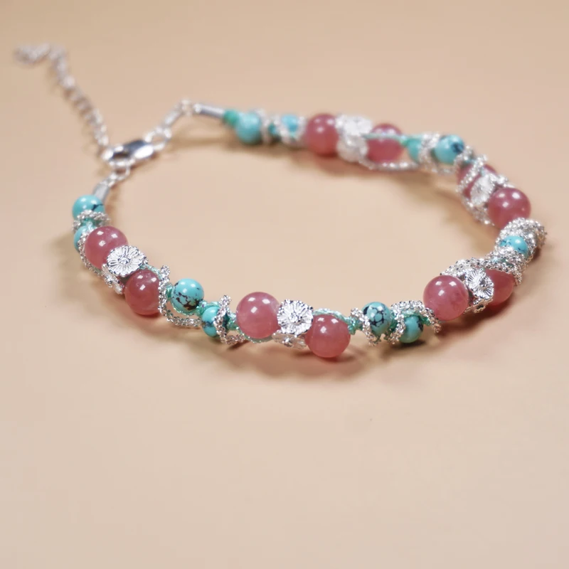 

Браслет из натуральной бирюзы и родохрозита, серебряная цепочка ручной работы S925, оригинальные дизайнерские украшения