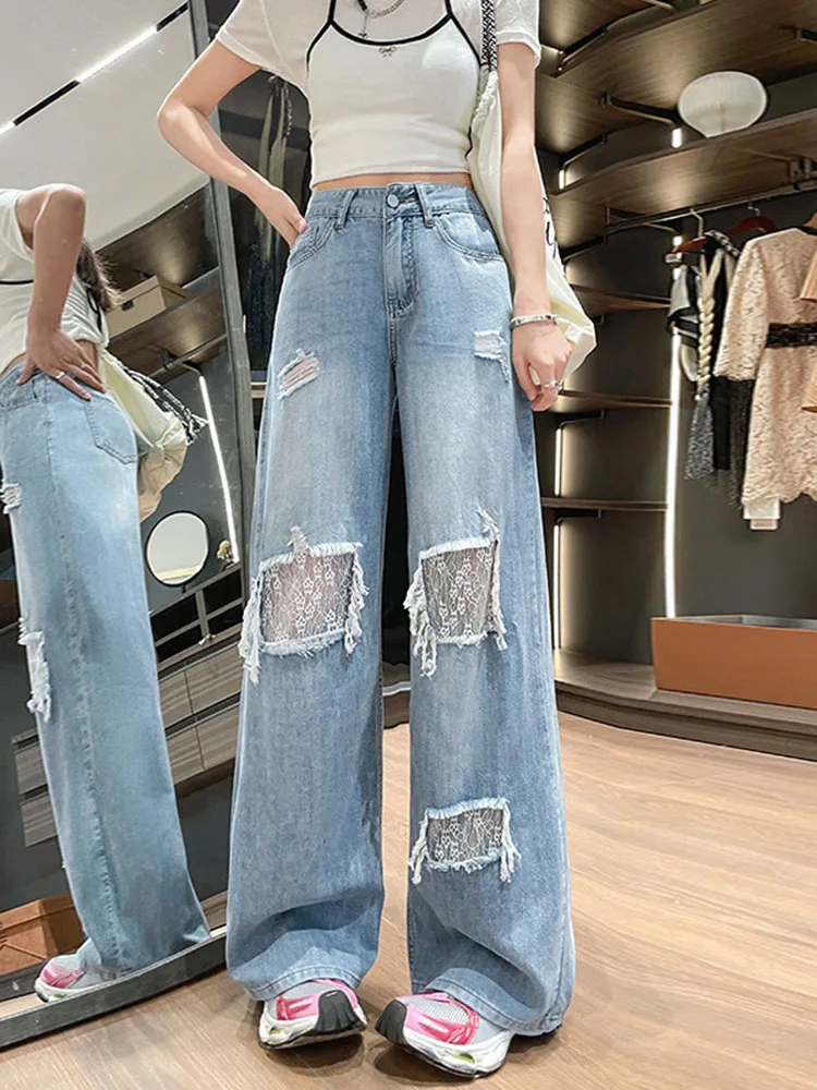 

Summer Lace Patchwork Ripped Jeans American Casual Fashion Loose Washed Blue Women's Hollow Out Wide Leg Thin Denim Pants