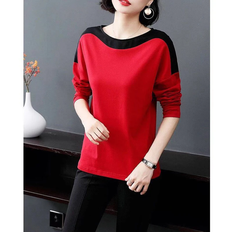 2023 Spring Autumn Korean Fashion Women\'s Casual Contrast Color Long Sleeve Basic T-shirts Round Neck Loose Ladies Tops Clothing