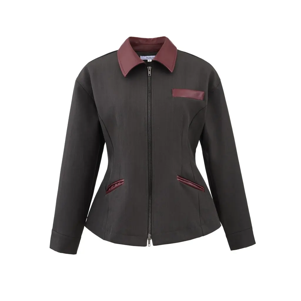 

Women's PU Leather Jacket Collar Zipper Waist Cinched Color Block Style Spring Autumn Fashion Outerwear Coat