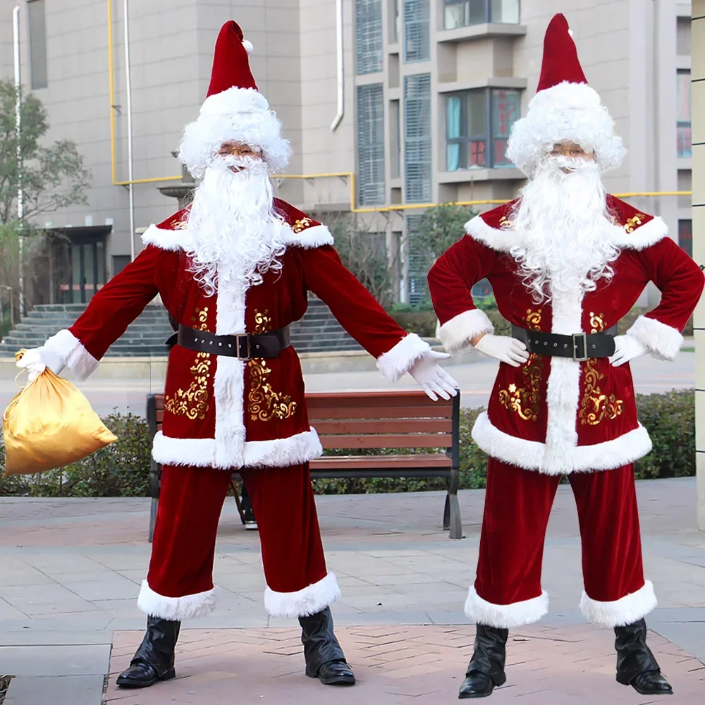 Costume de cosplay de Noël pour adultes, père Noël imbibé, paupières en velours rouge de luxe, fête de Noël, tenues de famille, homme, ensemble de 11 pièces