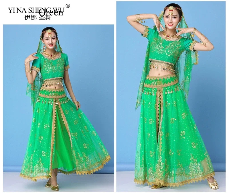 Sexy Bauchtanz-Kostümset für Damen im Bollywood-Stil, ägyptisch-indischer Stil, Chiffon-Oberteil mit Pailletten und Fransen, Rock für Bühnenauftritte – Detail 14