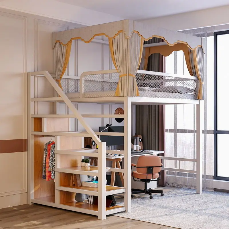 Tempat Tidur Rangka Besi Tinggi dan Rendah Rak Kabinet Tangga Kosong Tinggi Paviliun Tempat Tidur Lantai Dua Dupleks Rumah Tangga