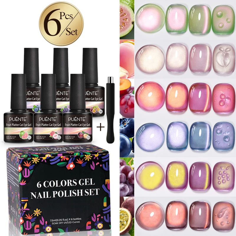 

Набор из 6 магнитных гель-лаков для ногтей с эффектом кошачьего глаза, серия «Фрукты», летний, полуперманентный, с УФ-отверждением, с магнитом