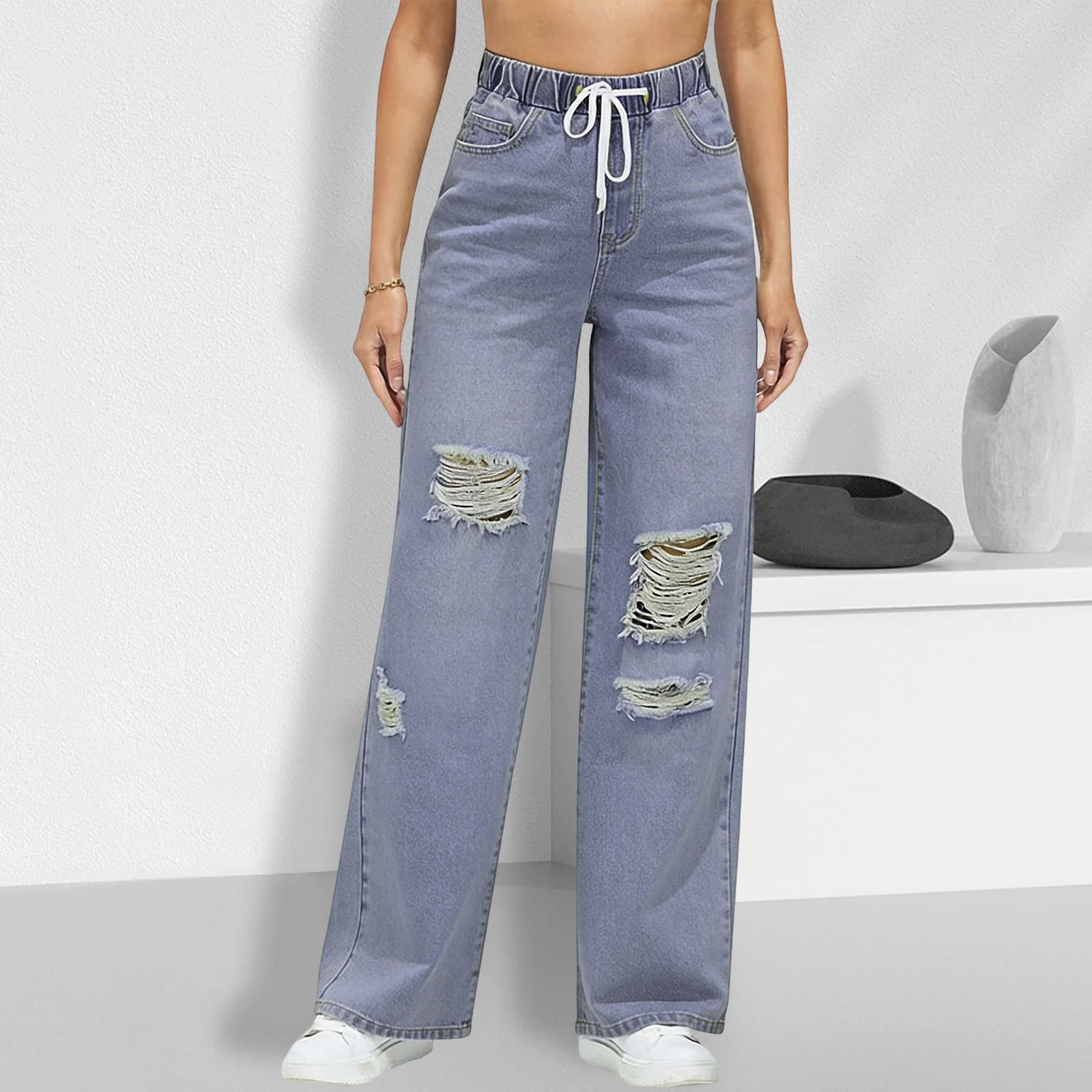 

Women's Plus Size Light Blue Washed Elastic Waist Drawstring Ripped Denim Wide Leg Pants,Stretchy Hip-Lifting Street Style Pants