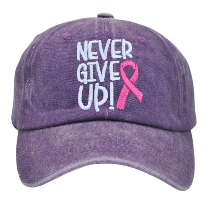 NEVER GIVE UP Gorra de béisbol de algodón lavada vintage ajustable Never Give Up Sombrero de cinta rosa para la concientización sobre el cáncer de mama Sombrero de papá unisex