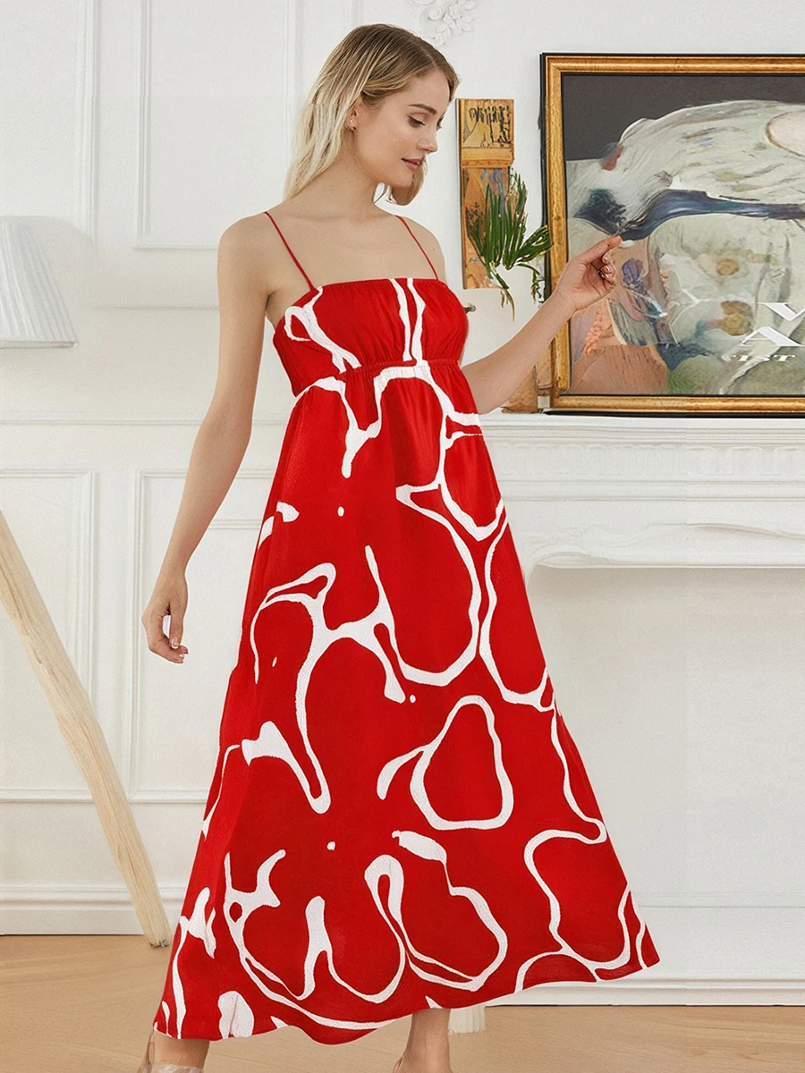 ผู้หญิงยาว Cami ชุดแฟชั่นพิมพ์สปาเก็ตตี้หลวมชุดคลุมท้องสําหรับฤดูร้อน