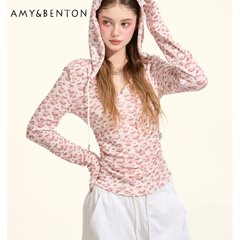 

Autumn New Pink Leopard Print Knitted Ruched Women's Top French Retro Design Sexy Slimming Long Sleeve Hooded T-Shirt Ladies