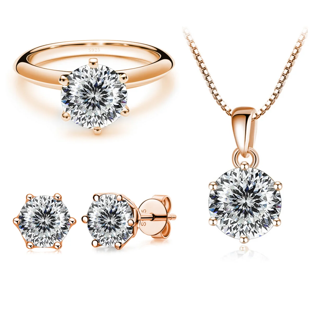Butterflykiss S925 Sterling Silver Rose Gold Plated Jewelry Set Moissanite Necklace Earrings Ring For Women Wedding Customized
