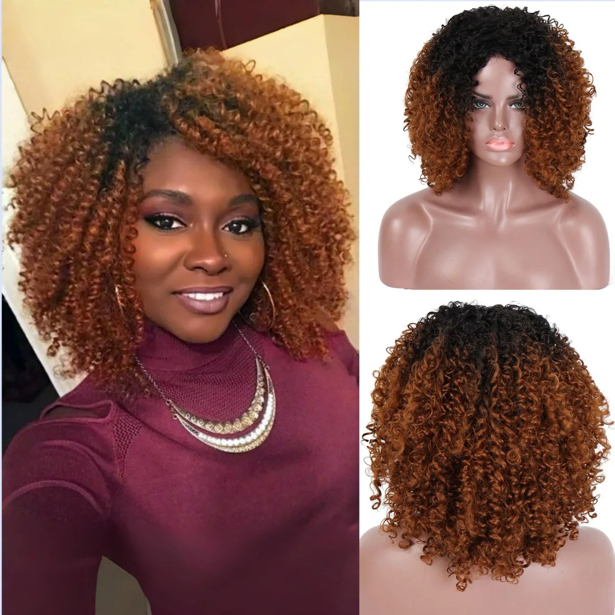 

Synthetic Short Curly Afro Wig Brown Voluminous Bouncy Hair Cosplay Costume Party Women’s Fluffy Headpiece