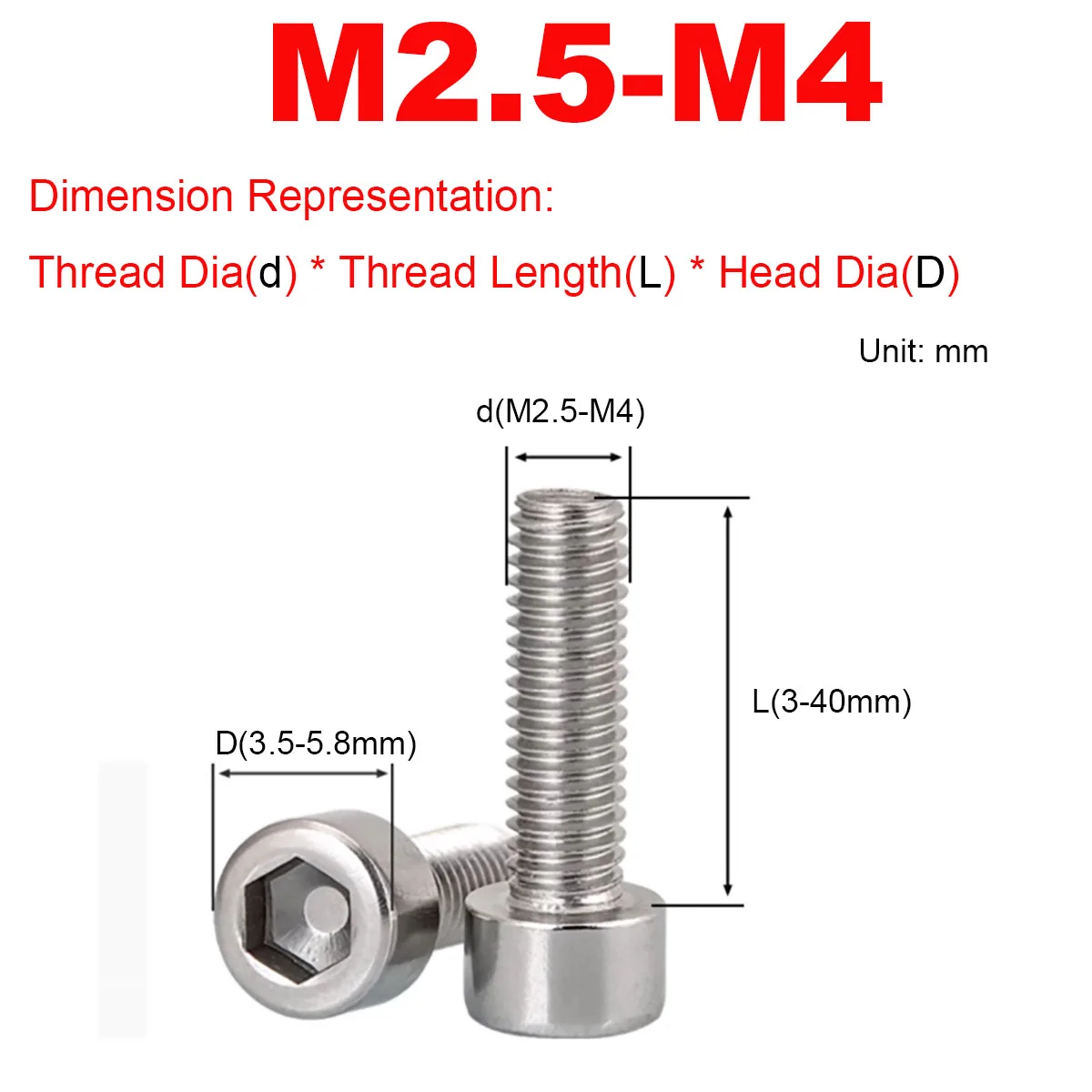 M2.5 M3 M4 304 Stainless Steel Small Head Diameter Smooth Non-Knurled Cylindrical Head Hexagon Socket Screw