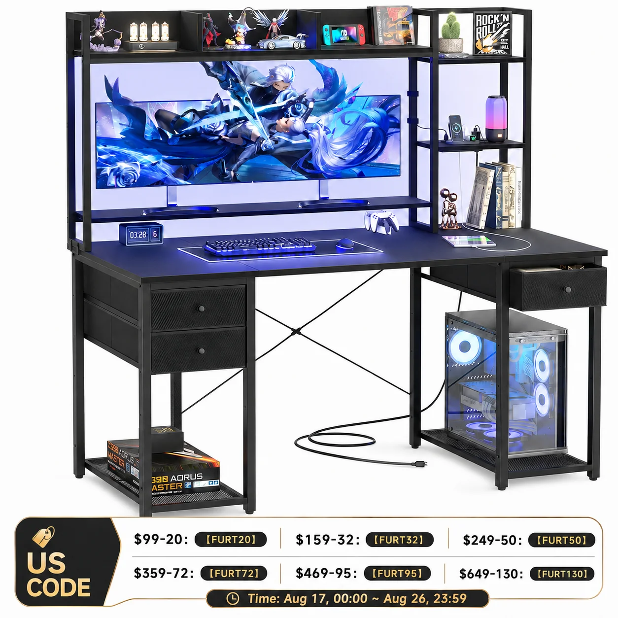 Pc Gaming Cpu - Aheaplus 55-Zoll-Computertisch mit Aufsatz und Aufbewahrungsregal,