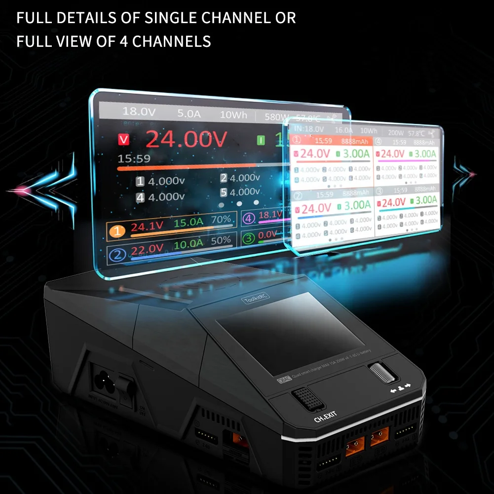 Uangel ToolkitRC Q6AC cargador AC 400W DC 1000W 4CH salida integrada 65W salida USB 15W cargador inalámbrico para batería LiPo NiMH PB