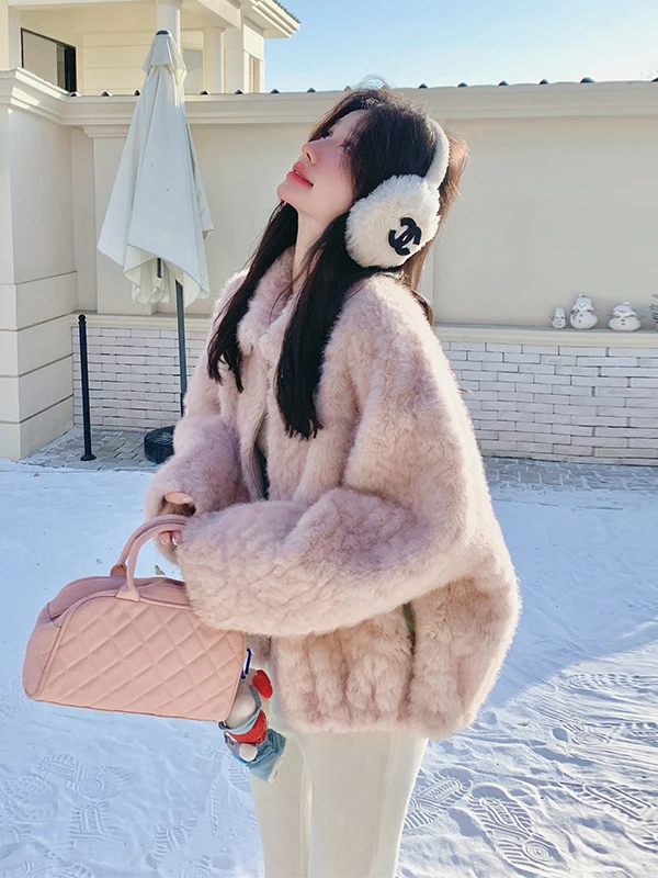 Pink Fluffy Lamb Fur Jaet Women's ort Sle Warmth Autumn Winter New Arrival Small Size Ele Loose Fit Long Sve Zipper