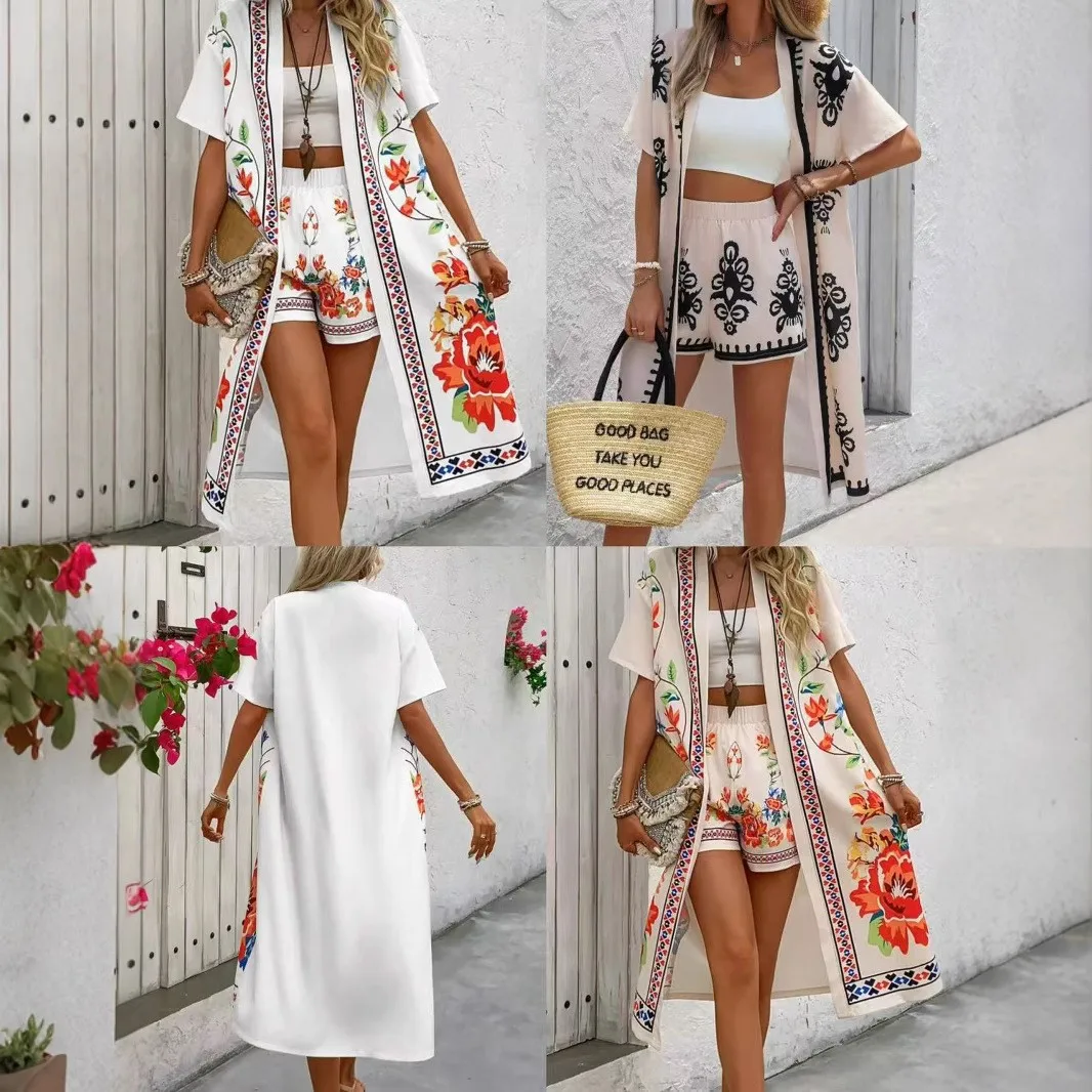 

2 Pieces Set For Woman Shorts Tribal Print Short Pants Crop Top Women's 2-piece Set Ethnic Pattern Shorts