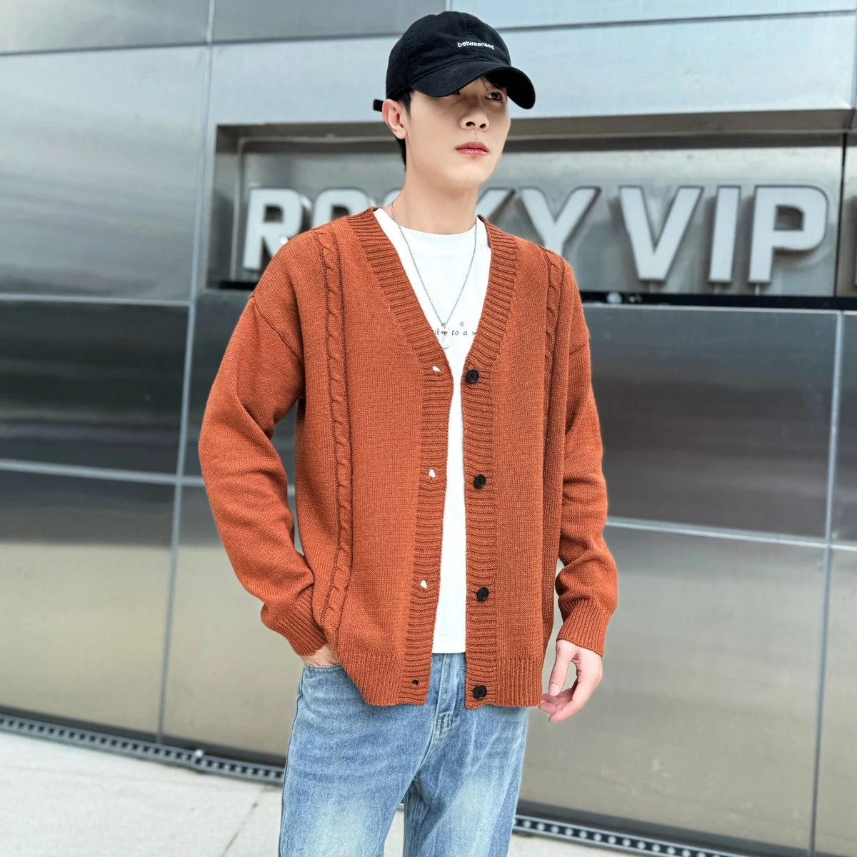 

Мужской открытый кардиган с v-образным вырезом, повседневная свободная вязаная зимняя верхняя одежда, удобная модная брендовая одежда Lazy Sle